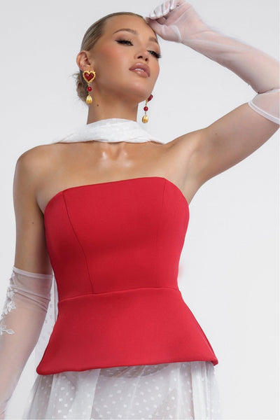 Red - Scuba Boobtube Peplum Hem Corset by Goddiva