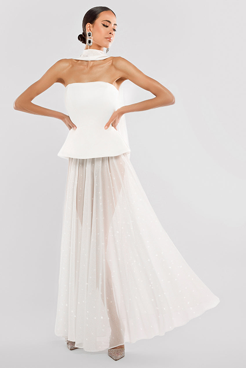 Gathered A-Line Glitter Chiffon Maxi Skirt SK30