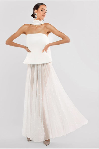 Cream Glitter - Gathered A-Line Glitter Chiffon Maxi Skirt by Goddiva