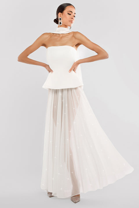 Goddiva Scuba Boobtube Peplum Corset With Gathered A-Line Glitter Chiffon Maxi Skirt & Scarf - Cream