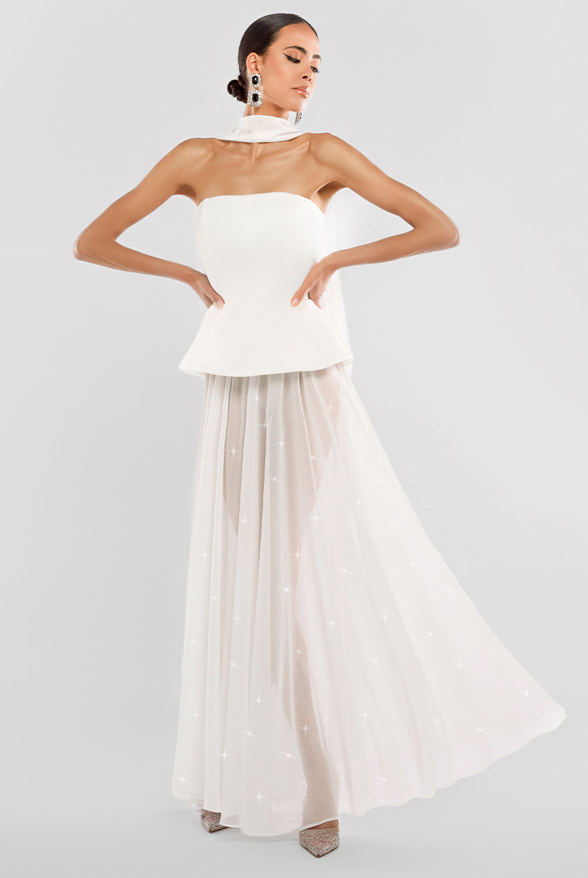 Gathered A-Line Glitter Chiffon Maxi Skirt SK30