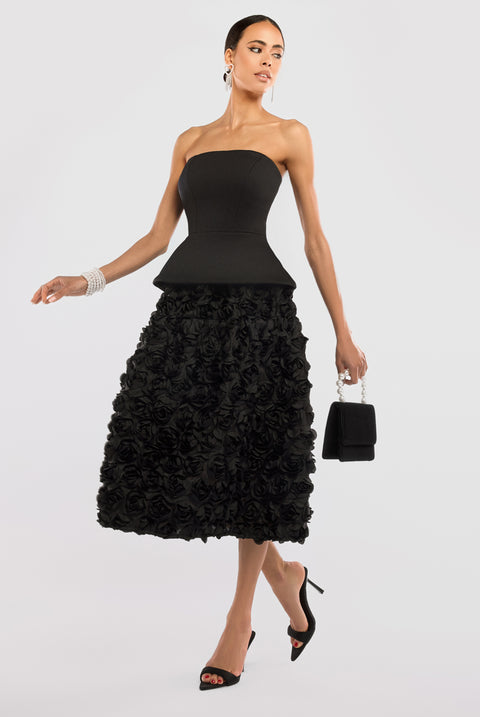 Goddiva Scuba Boobtube Peplum Corset With 3D Floral Mesh Skirt - Black