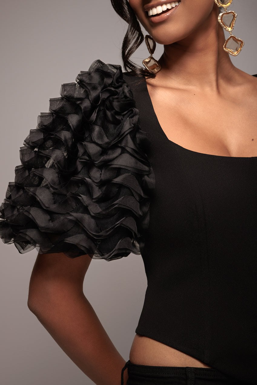 3D Textured Sleeve Scuba Corset Top - Black T235