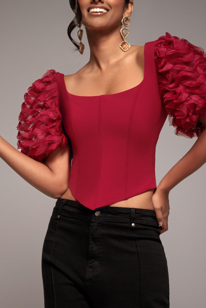 3D Textured Sleeve Scuba Corset Top - Burgundy T235