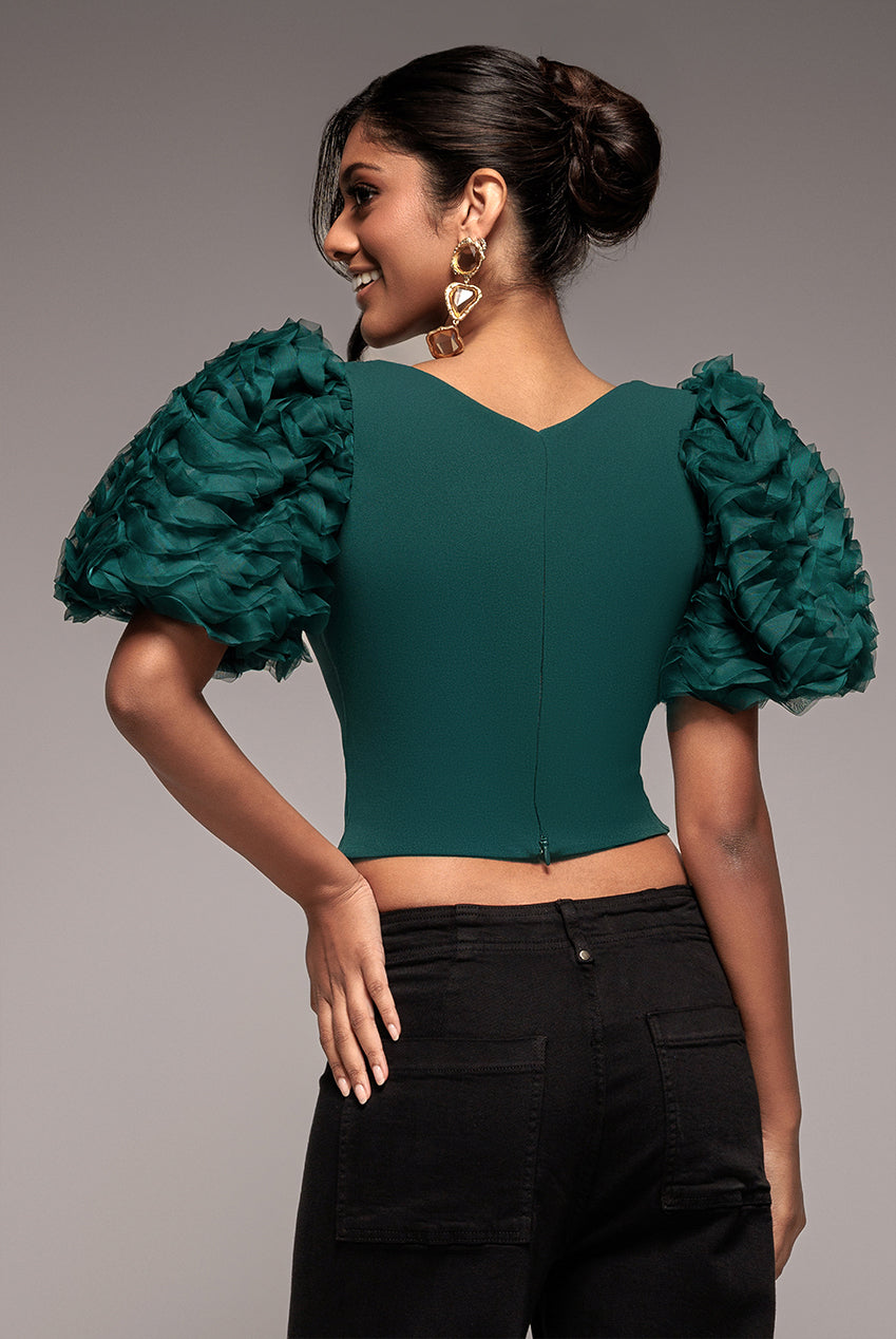 3D Textured Sleeve Scuba Corset Top - Emerald Green T235