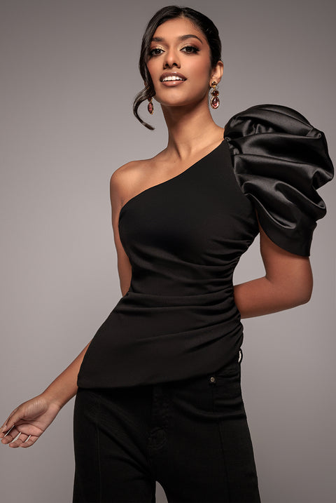 One Shoulder Puffed Satin Sleeve Asymmetric Scuba Top - Black by Goddiva