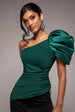 One Shoulder Puffed Satin Sleeve Asymmetric Scuba Top - Emerald Green by Goddiva