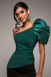 One Shoulder Puffed Satin Sleeve Asymmetric Scuba Top - Emerald Green by Goddiva