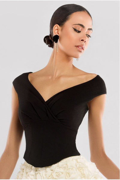 Black - Front Pleated Wrap Off The Shoulder Corset by Goddiva