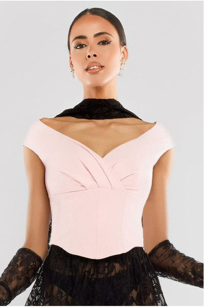 Blush Pink - Front Pleated Wrap Off The Shoulder Corset by Goddiva