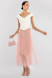 Goddiva Front Pleated Wrap Off The Shoulder Corset With Tulle Gathered Midaxi Skirt  Cream & Blush