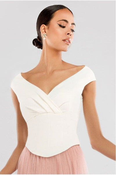 Cream - Front Pleated Wrap Off The Shoulder Corset by Goddiva