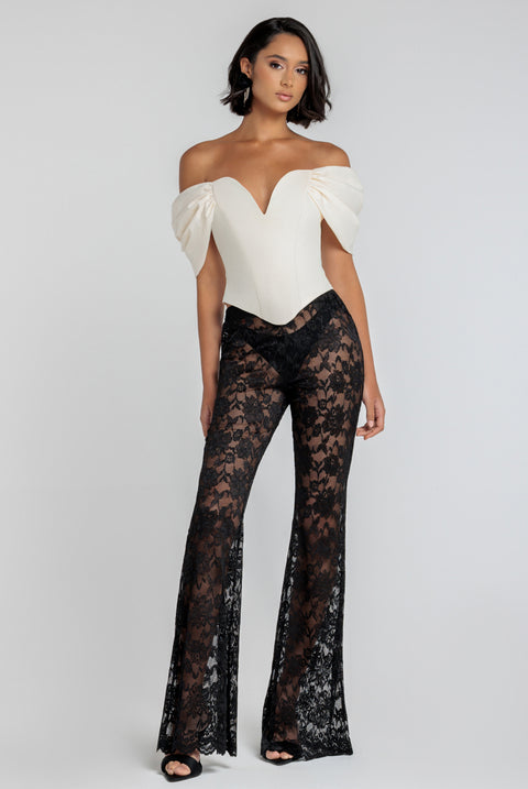 Bootcut Scalloped Lace Trouser - Black by Goddiva