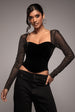 Diamante Long Sleeve Velvet Dipped Hem Top - Black by Goddiva