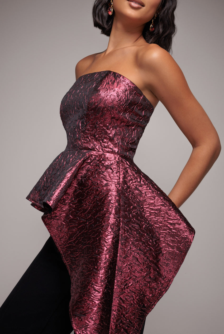 Boob Tube Jacquard Top With Asymmetric Peplum Frill - Burgundy Red T251