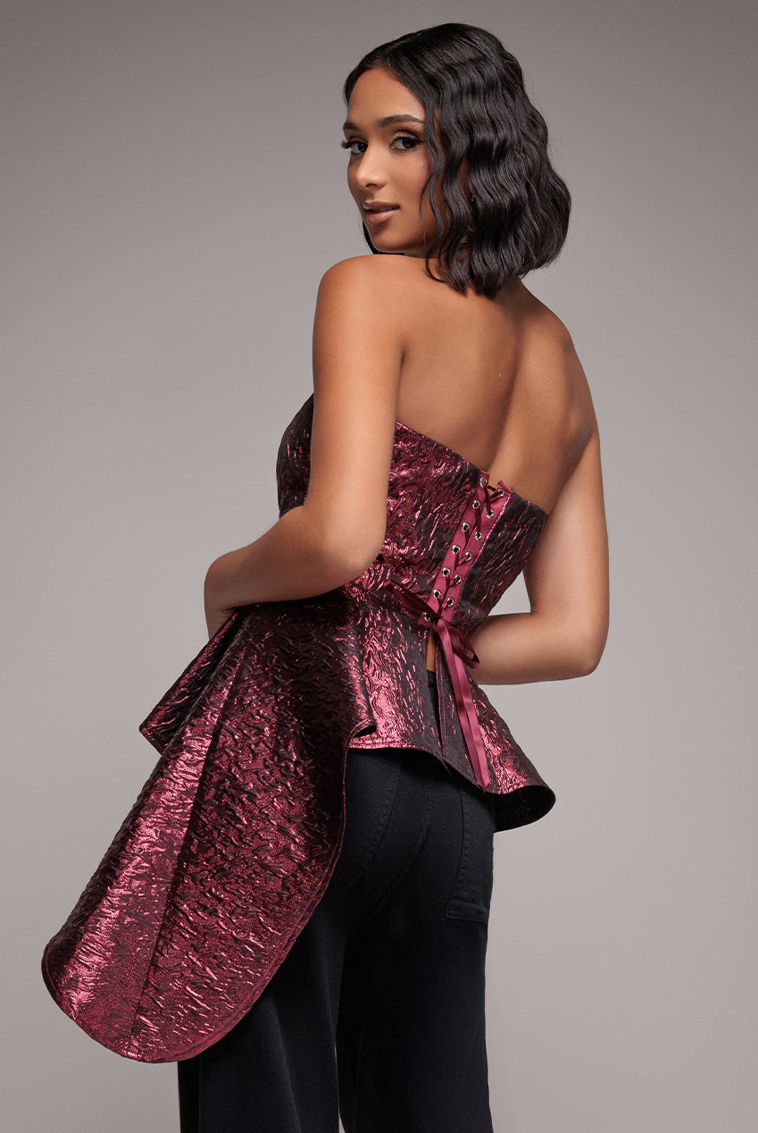 Boob Tube Jacquard Top With Asymmetric Peplum Frill - Burgundy Red T251