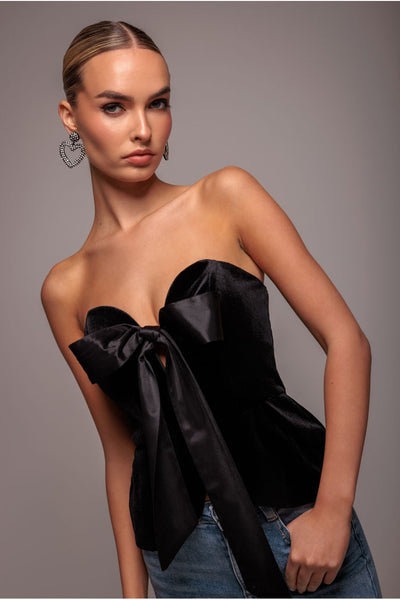 Black - Plunging Sweetheart Strapless Peplum Velvet & Satin Corset - Black by Goddiva