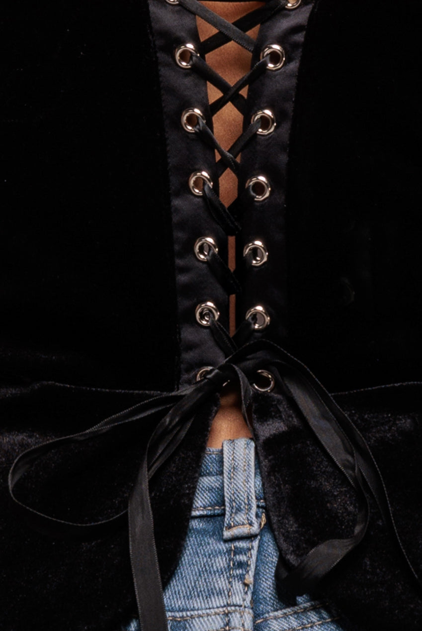 Plunging Sweetheart Strapless Peplum Velvet & Satin Corset - Black T252