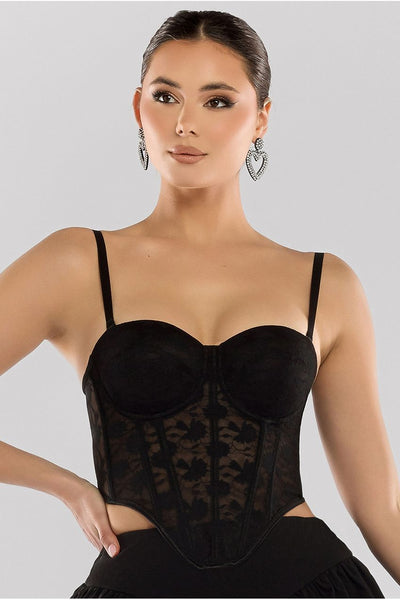 Black - Textured Floral Mesh Corset by Goddiva