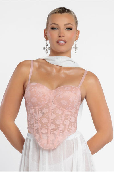 Blush Pink - Textured Floral Mesh Corset by Goddiva
