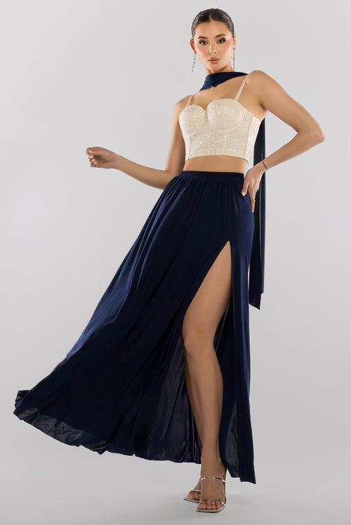 Goddiva Cropped Sleeveless Sequin Corset Side Split Jersey Maxi Skirt With Jersey Scarf - Cream & Navy