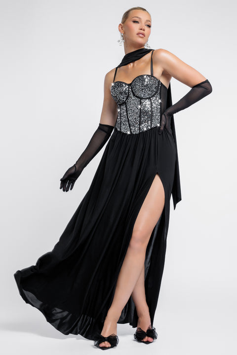 Goddiva Sequin Corset Side Split Jersey Maxi Skirt With Scarf &  Stretch Mesh Gloves - Black & Silver