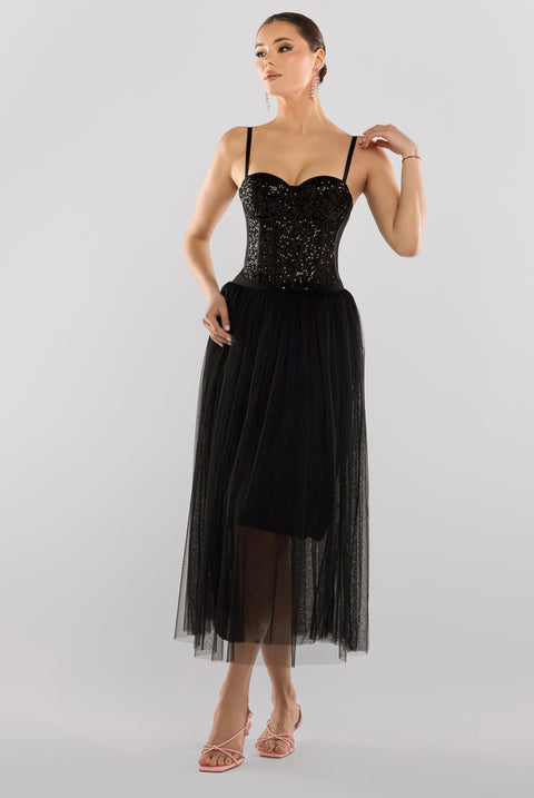 Goddiva Sequin Corset Tulle Gathered Midaxi Skirt & Soft Touch Jersey Scarf - Black