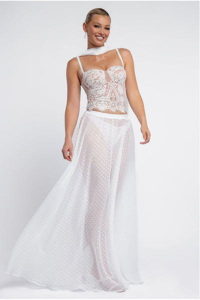 Cream - Polka Dobby Chiffon A-Line Maxi Skirt by Goddiva