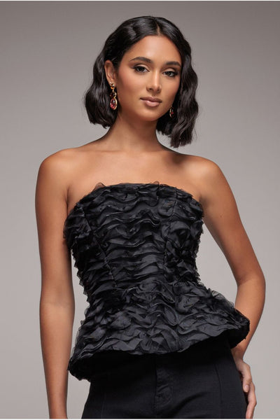 Black - Peplum 3D Textured Boob Tube Lace Up Corset - Black by Goddiva