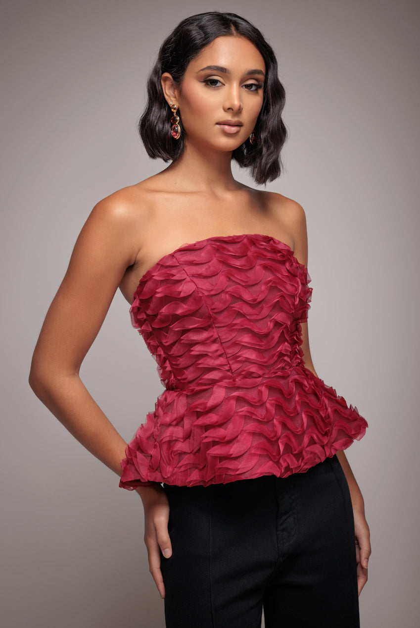 Peplum 3D Textured Boob Tube Lace Up Corset - Burgundy T262