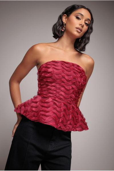 BurgundyRed - Peplum 3D Textured Boob Tube Lace Up Corset - Burgundy by Goddiva