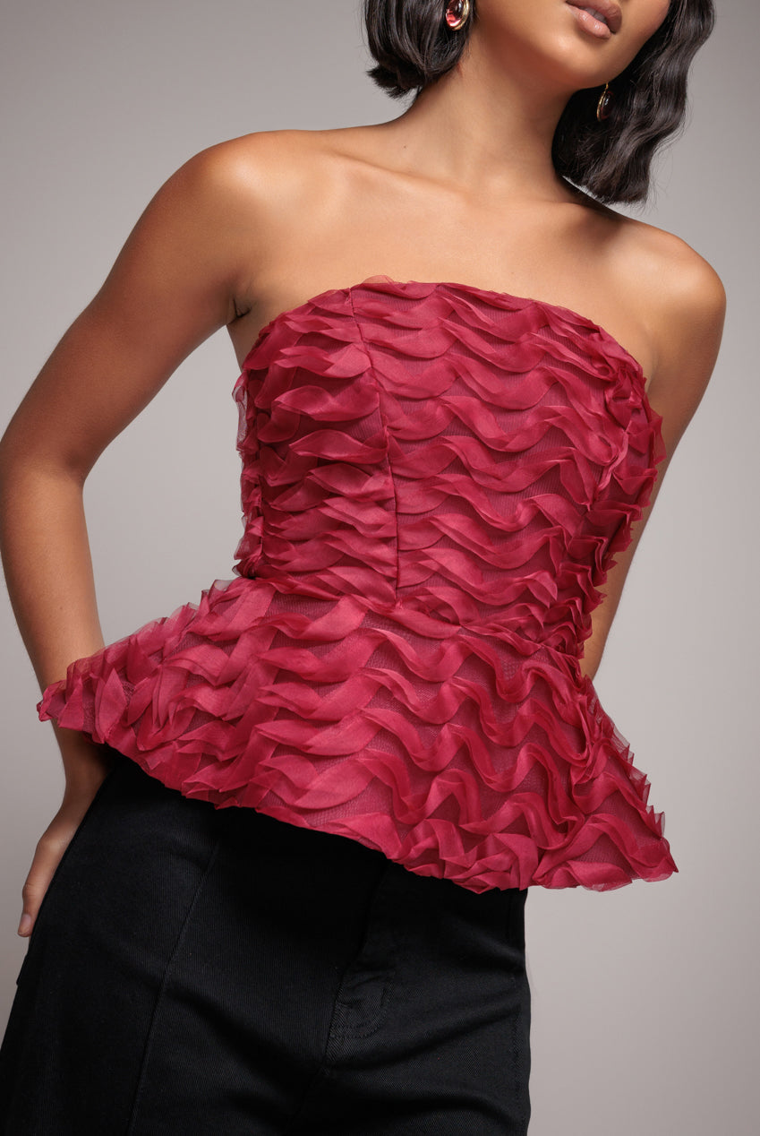Peplum 3D Textured Boob Tube Lace Up Corset - Burgundy T262