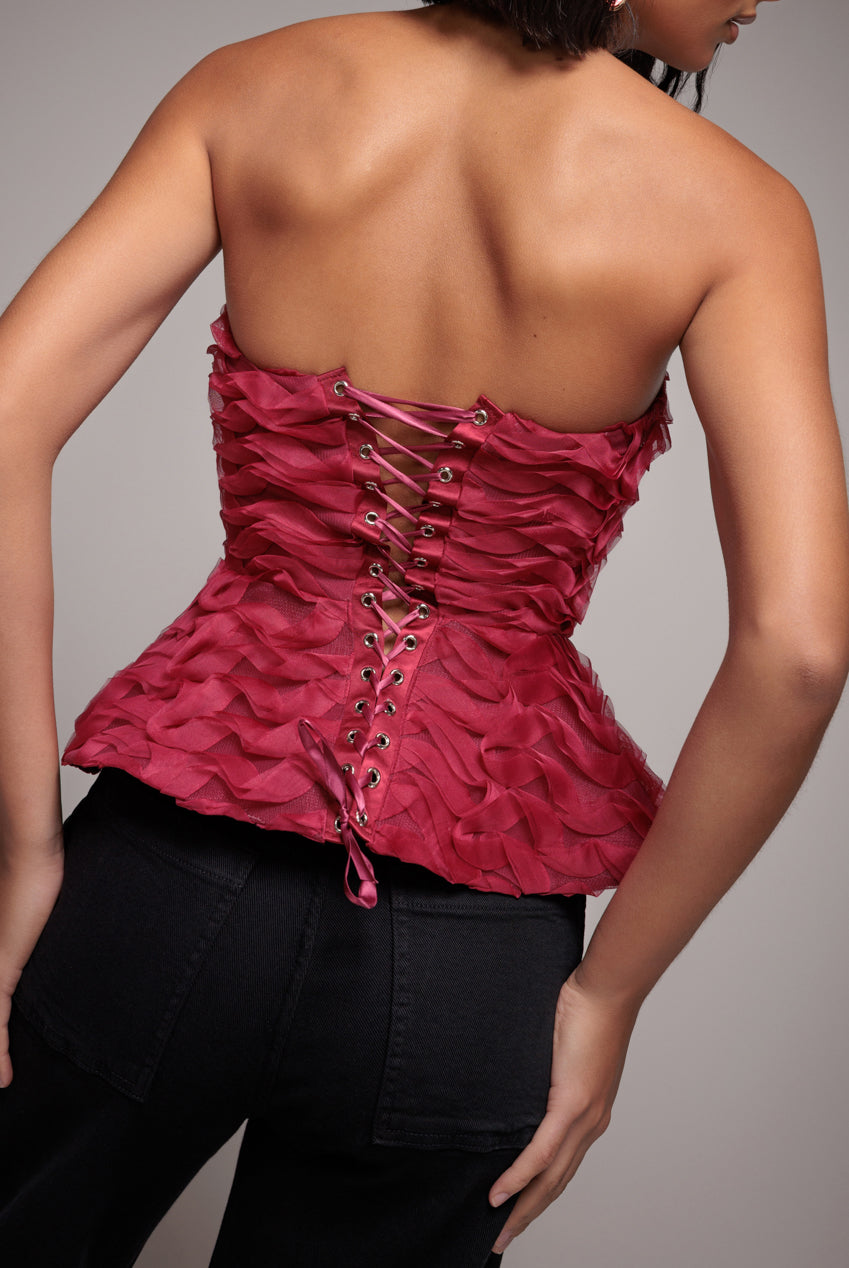 Peplum 3D Textured Boob Tube Lace Up Corset - Burgundy T262