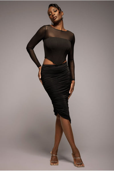 Side Gathered Asymmetric Midi Skirt - Black by Goddiva