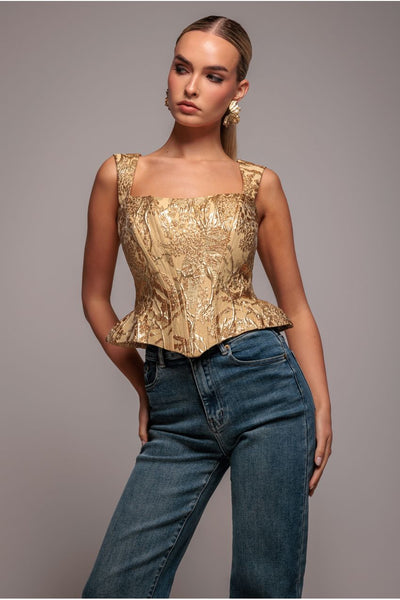 Gold - Sleeveless Jacquard Lace Up Back Corset - Gold by Goddiva