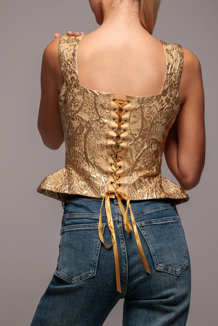 Sleeveless Jacquard Lace Up Back Corset - Gold T265