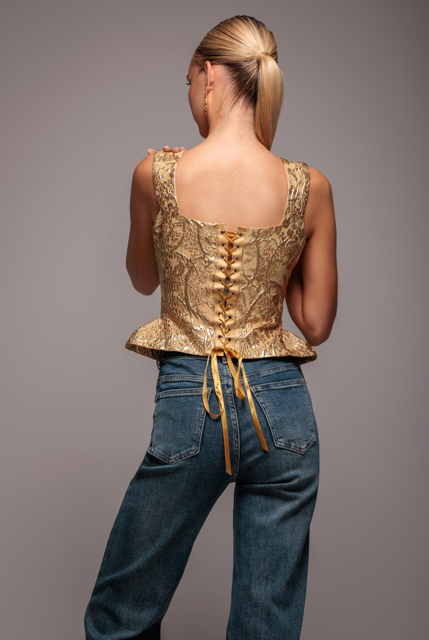 Sleeveless Jacquard Lace Up Back Corset - Gold T265
