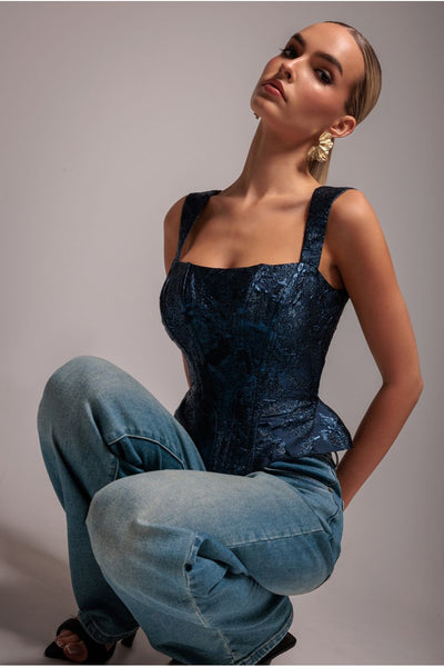 Sleeveless Jacquard Lace Up Back Corset - Navy Blue by Goddiva