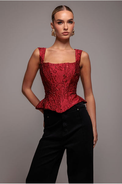 Red - Sleeveless Jacquard Lace Up Back Corset - Red by Goddiva