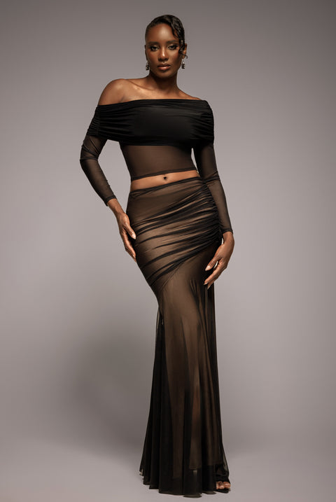 Mesh Gathered Mermaid Maxi Skirt - Black by Goddiva