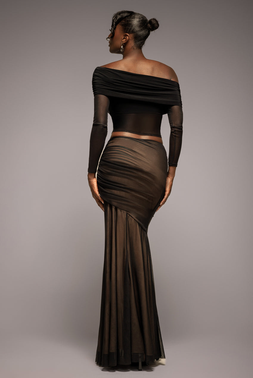 Mesh Gathered Mermaid Maxi Skirt - Black SK57