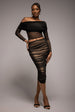 Gathered Side Mesh Midi Skirt - Black by Goddiva