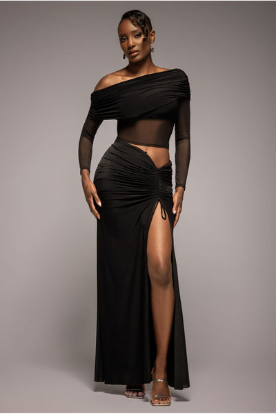 Super Split Front Drawstring Maxi Skirt - Black by Goddiva