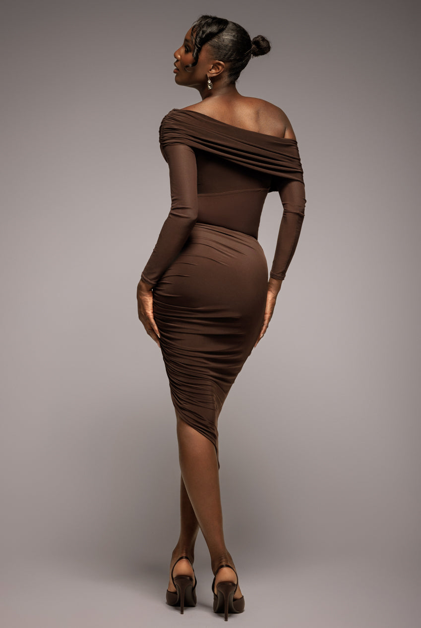 Side Gathered Asymmetric Midi Skirt - Brown SK63