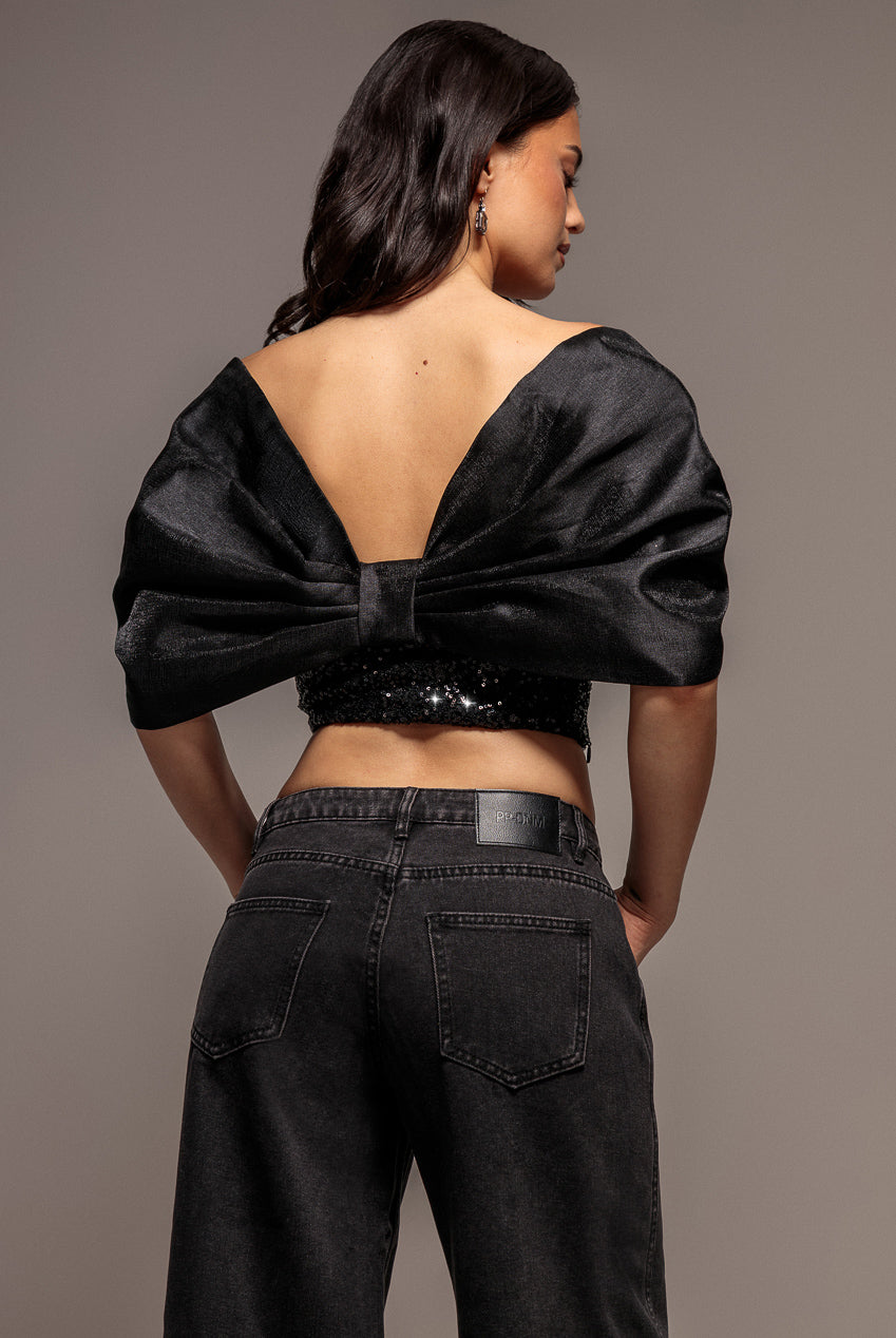 Off Shoulder Corset Top With Back Satin Bow - Black T276
