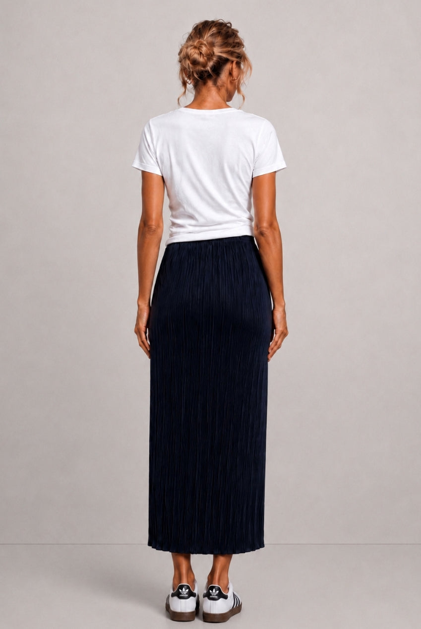 Tia Plissed Pleated Navy Maxi Skirt TIA-PLEATED-NAVY-MIDI