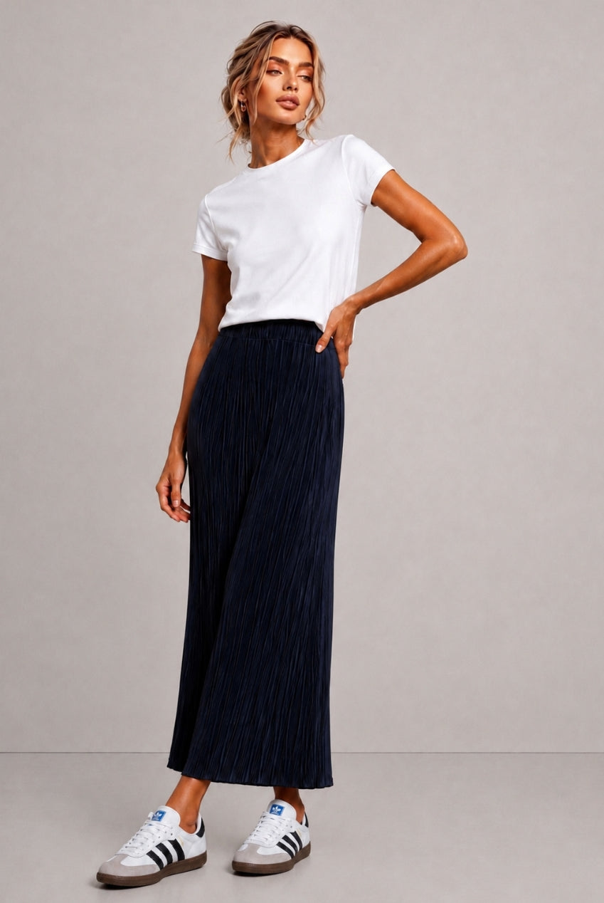 Tia Plissed Pleated Navy Maxi Skirt TIA-PLEATED-NAVY-MIDI
