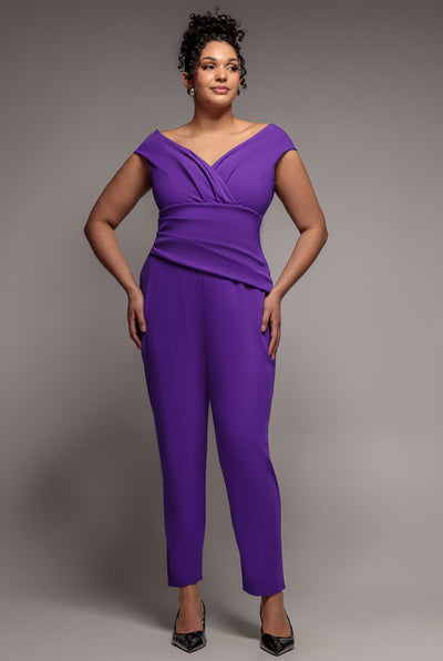 Purple - Bardot Scuba Jumpsuit - Purple by Goddiva Plus