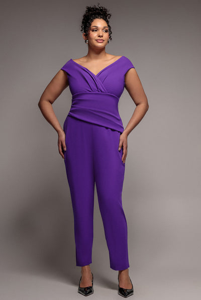 Bardot Scuba Jumpsuit - Purple by Goddiva Plus
