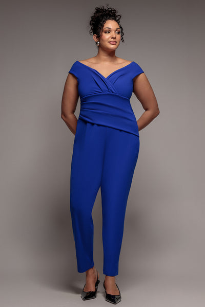 Royal Blue - Bardot Scuba Jumpsuit - Royal Blue by Goddiva Plus